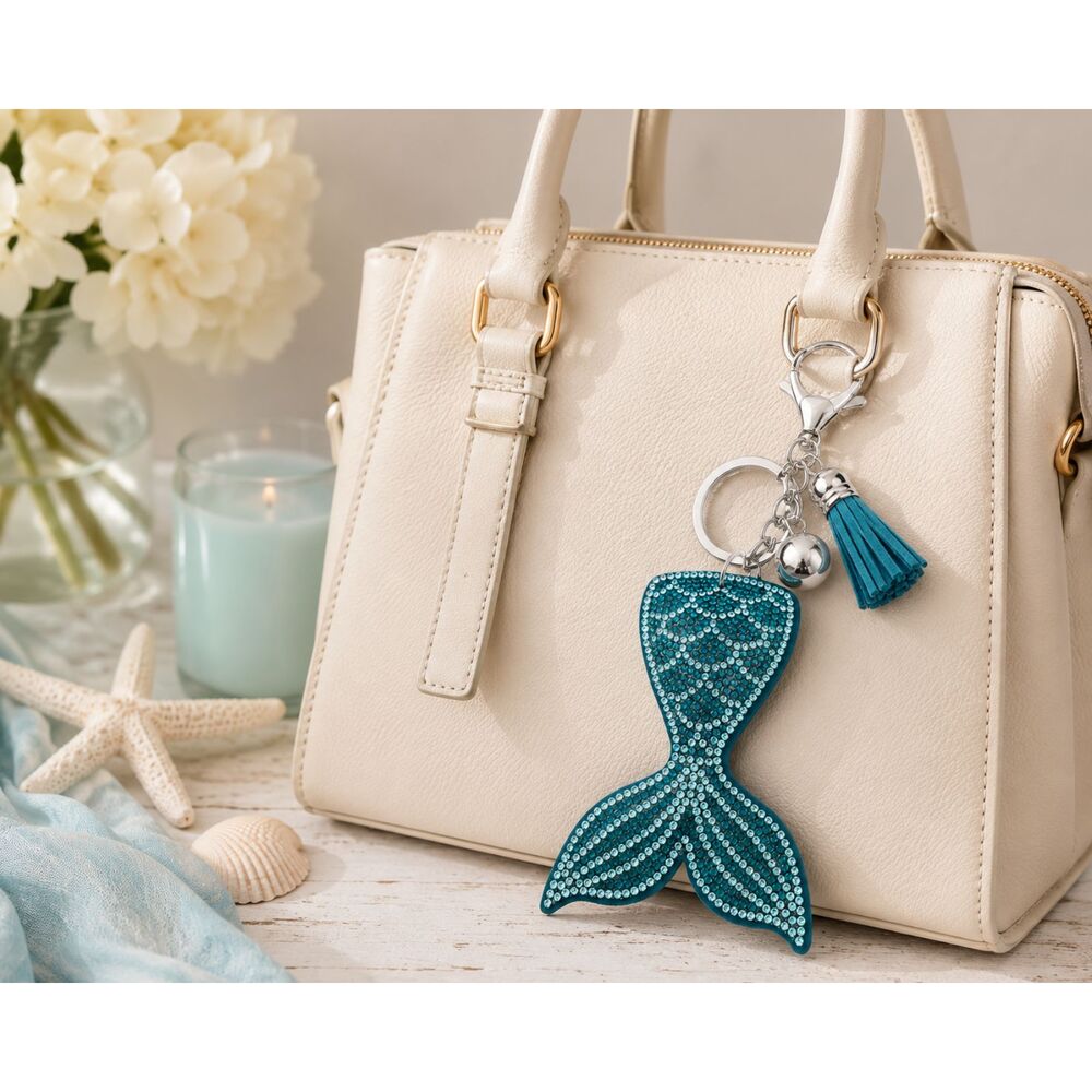 Mermaid Tail Rhinestone Tassel Keychain Purse Charm Aqua Crystal Bag Accessory